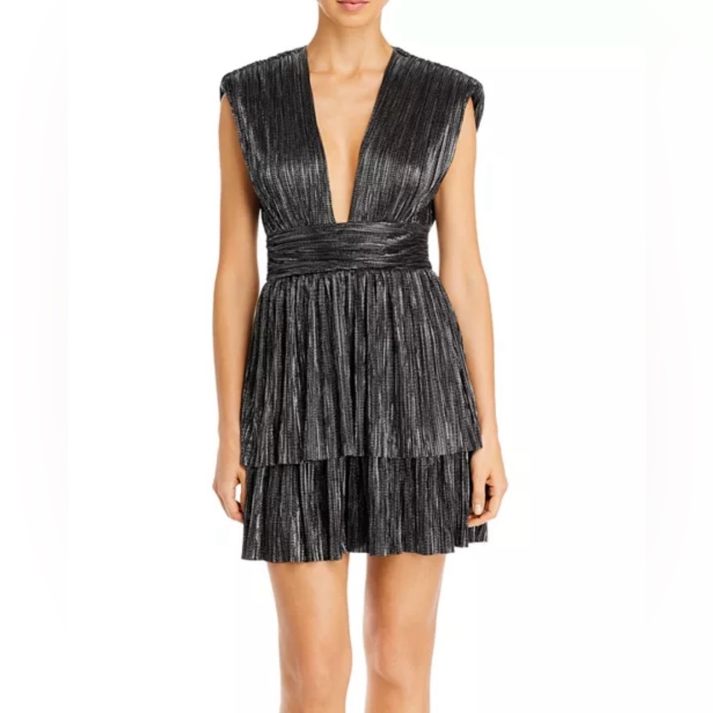 Sabina Musayev Metallic Pewter Plissé Deep-V Tiered Mini Dress